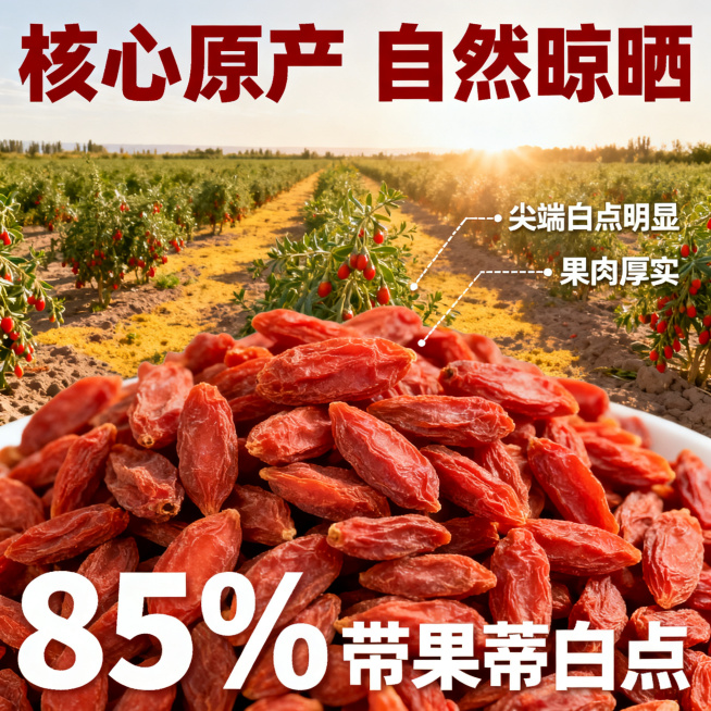 [主图 2] 宁夏中宁枸杞核心亮点产地溯源图。
[氛围风格] 原生态自然健康风，温暖通透
[画质] 商业摄影质感，光线柔和通透，产品清晰真实，画面干净高级
[元素] 前景堆放一把饱满干燥的枸杞子，背景预览效果