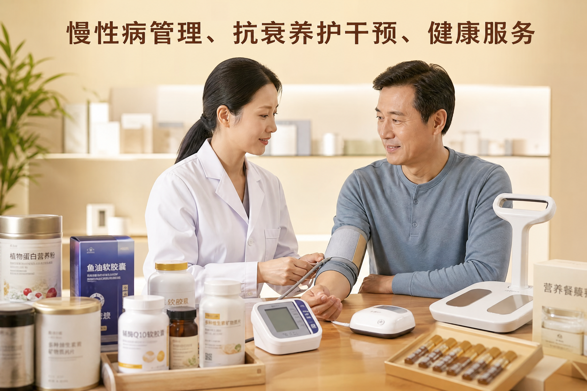温馨柔和色调的健康管理服务场景横图，一位专业健康管理师（穿白大… - 图片创意预览