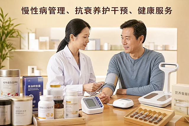 温馨柔和色调的健康管理服务场景横图，一位专业健康管理师（穿白大褂，亲切专业）正在为一位中年男士（40-50岁，精神状态良好）做健康监测，桌上摆放着健康监测设备（血压计、体脂仪等）、身体机能调理产品、健康调理产品（保健品瓶罐、营养品包装），画面顶部有标题文字"慢性病管理、抗衰养护干预、健康服务"，真实人物摄影风格，暖色调柔和光线，突出健康产品与专业服务人员，用于展示服务内容，非海报版式，仅标题文字，不含项目价格联系方式