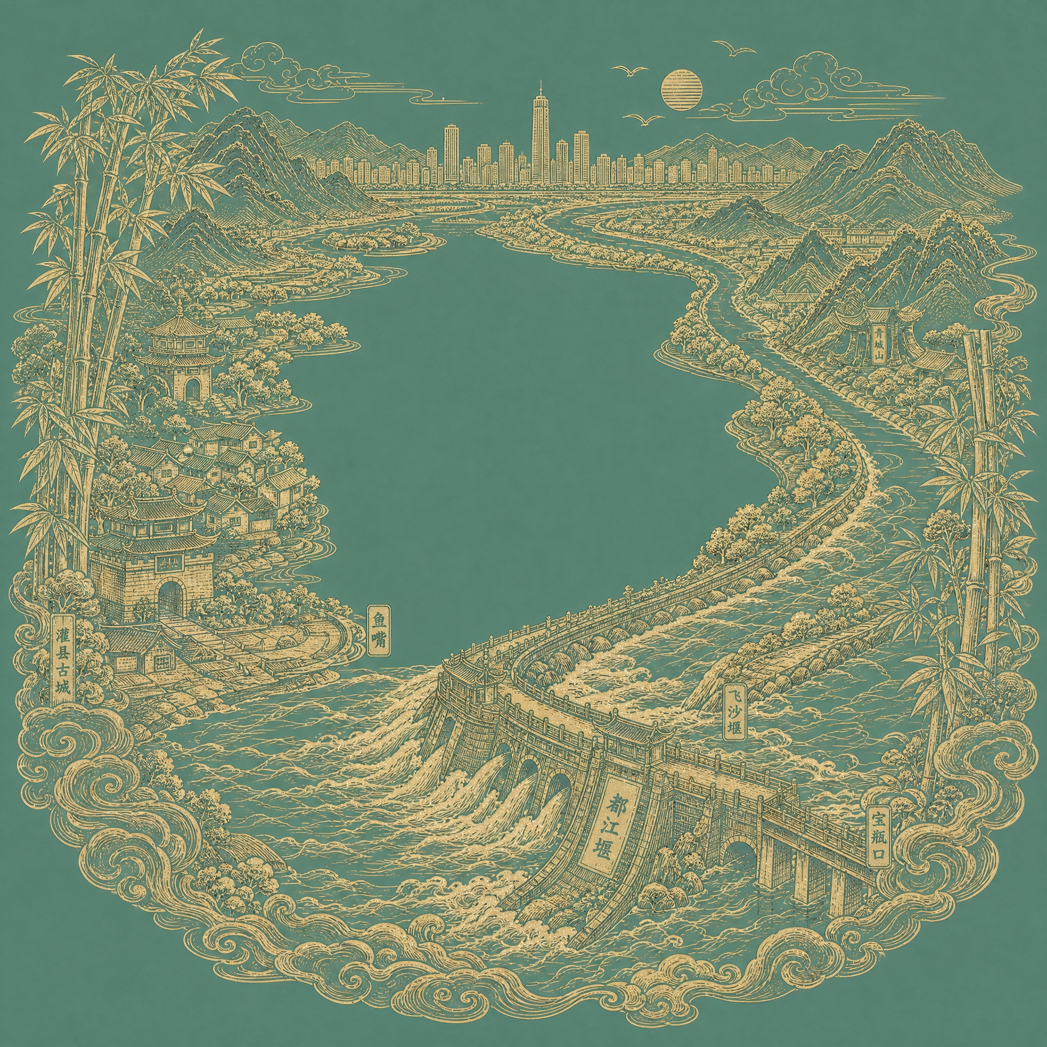 以第二张图的复古版画线描风格与U型环抱构图来呈现第一张图的成都… - 图片创意预览