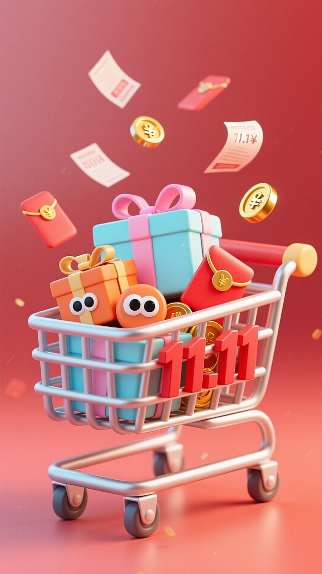 软3D粘土风格购物车，满载卡通礼盒与红包，搭配飞舞优惠券与金币，喜庆氛围浓郁，突出11.11促销主题。
