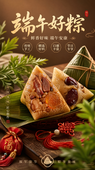 美食端午海报，写实风格鲜肉粽、甜粽特写，粽叶纹理清晰，搭配艾草与端午元素，暖色调，食欲感强，食品宣传海报预览效果