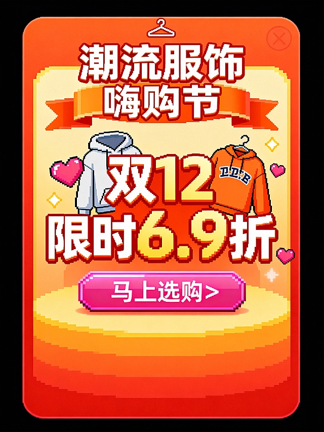 像素风卡通设计，潮流服饰主题，大字风促销信息，印刷感配色，双12嗨购节限时6.9折，充满节日氛围与互动感。