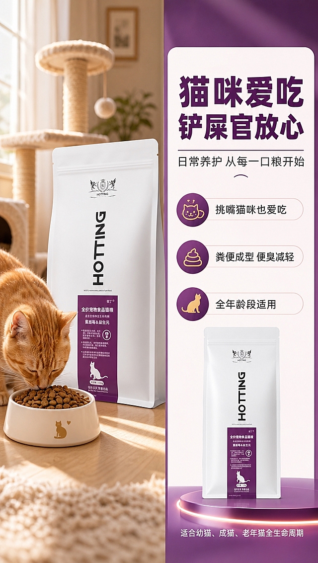 [商品] 使用【图1】霍丁蔓越莓&益生元全价猫粮白色自立袋包装；保留袋身紫色标签、品牌标识、产品名称等所有包装文字与图案；商品处理：去除袋身褶皱，理顺袋型，增强包装质感，不改变包装结构和文字。
[画面] 目标：喂食场景种草，真实使用感。构图：左图右文，左侧温馨家居场景，一只可爱橘猫正低头吃猫粮，旁边放着打开的猫粮袋和猫碗，碗里装满猫粮颗粒，背景是温馨的客厅角落，有猫爬架和阳光。右侧产品图+卖点文字。产品占画面30%，场景占画面50%。前中后景：前景猫碗猫粮、中景猫咪进食+产品袋、后景虚化家居背景。
[视觉] 套系策略：风格=拼多多宠物食品详情页，温馨治愈+高信息密度；标题字=粗黑体大字报风格；正文字=简洁黑体；主色=深紫色(#6B2D7B)+白色；背景延展=基于紫色做深浅渐变、同色系光晕和细腻磨砂质感；强调色=暖金色，仅用于小面积图标、引线、标签和高光；标题色=深紫色；正文色=深灰色；组件=圆角白底信息卡、细线引线、胶囊形卖点标签；光影=暖调自然光，窗边阳光感，温馨柔和。
[文字] 右侧顶部主标题「猫咪爱吃 铲屎官放心」，副标题「日常养护 从每一口粮开始」；下方3个卖点：「挑嘴猫咪也爱吃」「粪便成型 便臭减轻」「全年龄段适用」；底部小字：适合幼猫、成猫、老年猫全生命周期；所有文字横排，右侧信息卡布局。
[规格] 图片比例9:16竖版，4K分辨率，负向提示：避免变形、错字、文字过小、猫咪形象怪异、场景不真实、包装文字错乱、绝对化用语。