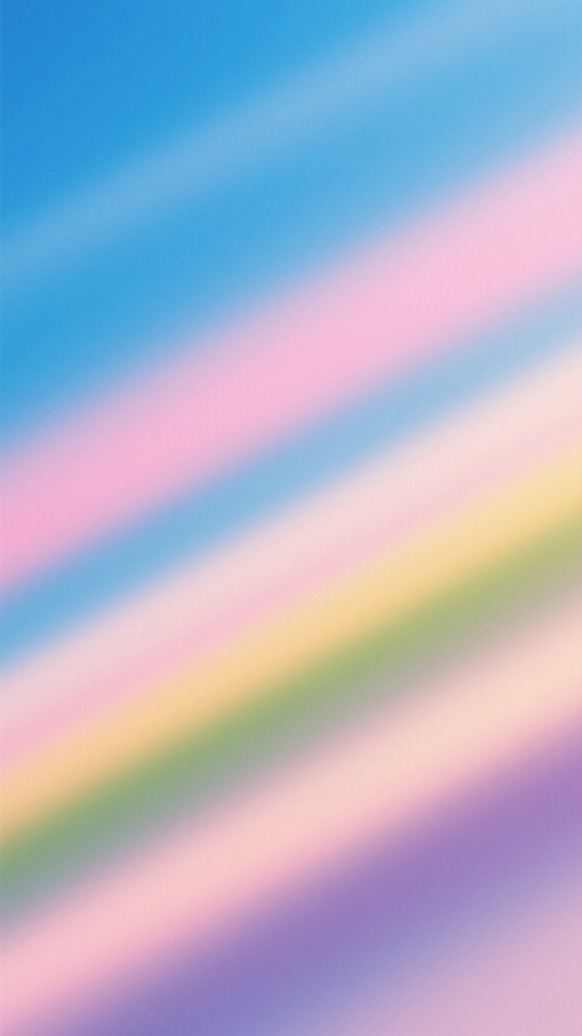 一幅具有柔和渐变效果的抽象背景图，整体呈现出由蓝色系（包括浅蓝、天蓝、湖蓝）占据主导比例（约40%），其次是粉色系（淡粉、蜜桃粉）占约25%，剩余部分由柔和的黄色、绿色和淡紫色交织而成的色彩组合。画面中色彩以倾斜的条纹状分布，色彩过渡自然流畅，具有高度的模糊虚化质感，光线柔和均匀，营造出梦幻、宁静且略带活力的氛围。整体风格偏向现代简约的数字艺术，色彩层次丰富但不刺眼，适合作为背景使用。