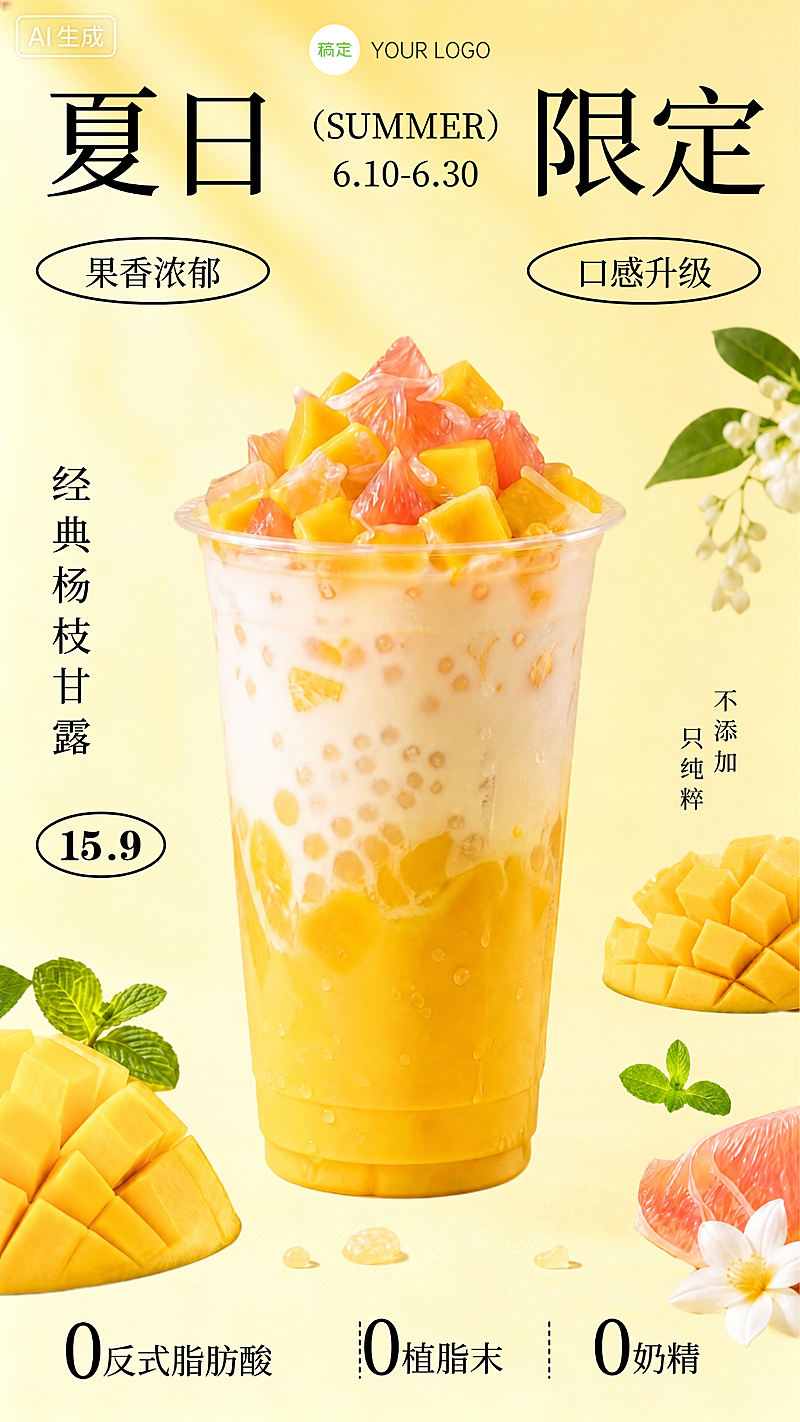 夏日限定饮品杨枝甘露促销宣传清爽感竖版海报