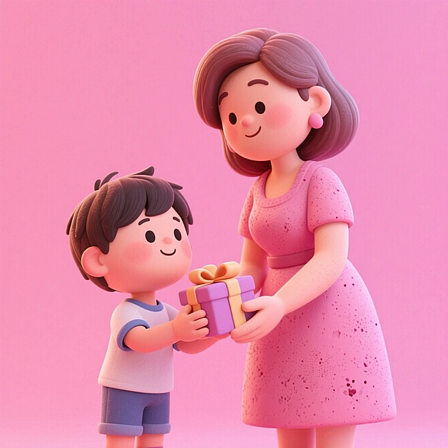 一个小孩给妈妈送礼物，纯色粉色背景，黏土颗粒感