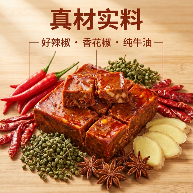 [主图 2] 火锅底料核心原料亮点展示。
[氛围风格] 新鲜天然食材、品质感；
[画质] 商业食品摄影质感、光线柔和通透、产品清晰真实、画面干净高级、超高清。
[元素] 拆开的牛油火锅底料块为中心，周预览效果