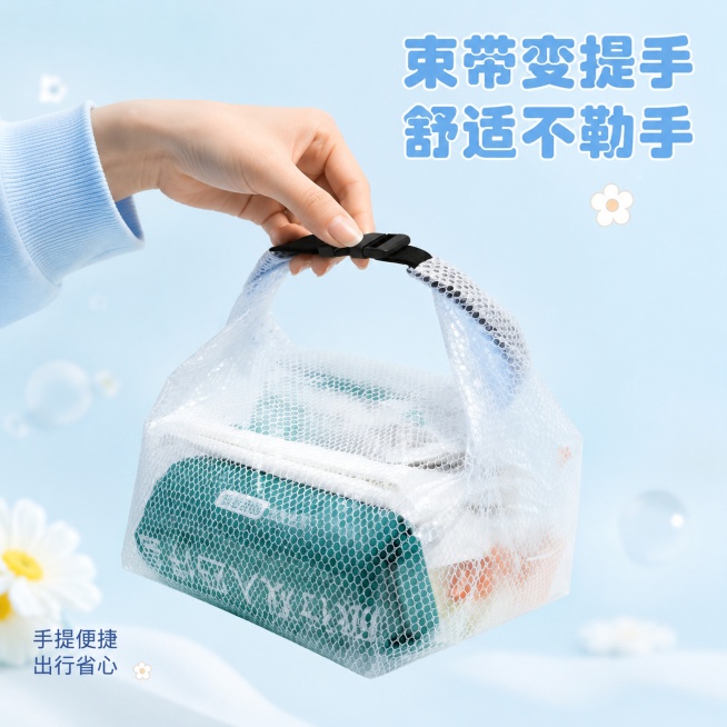 [主图-4] EVA防水收纳包手提设计展示，突出舒适便捷特点。
[氛围风格] 清新简约，浅淡清爽，带可爱活泼感
[画质] 商业摄影质感、光线柔和通透、产品清晰真实、画面干净高级
[ Elements预览效果