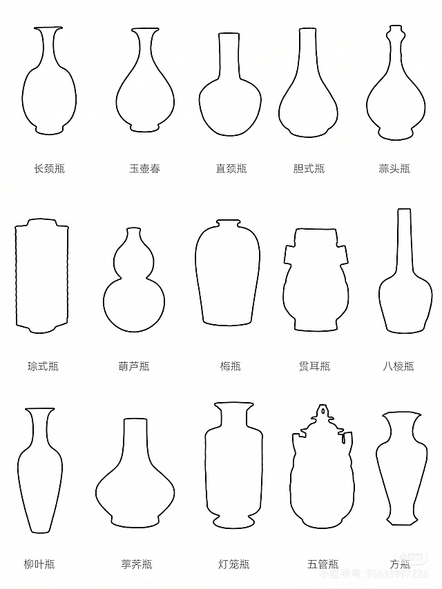 将图中所有的黑色花瓶仅保留黑色的外轮廓线条，花瓶内部区域填充为白色，保留下方对应的花瓶名称文字