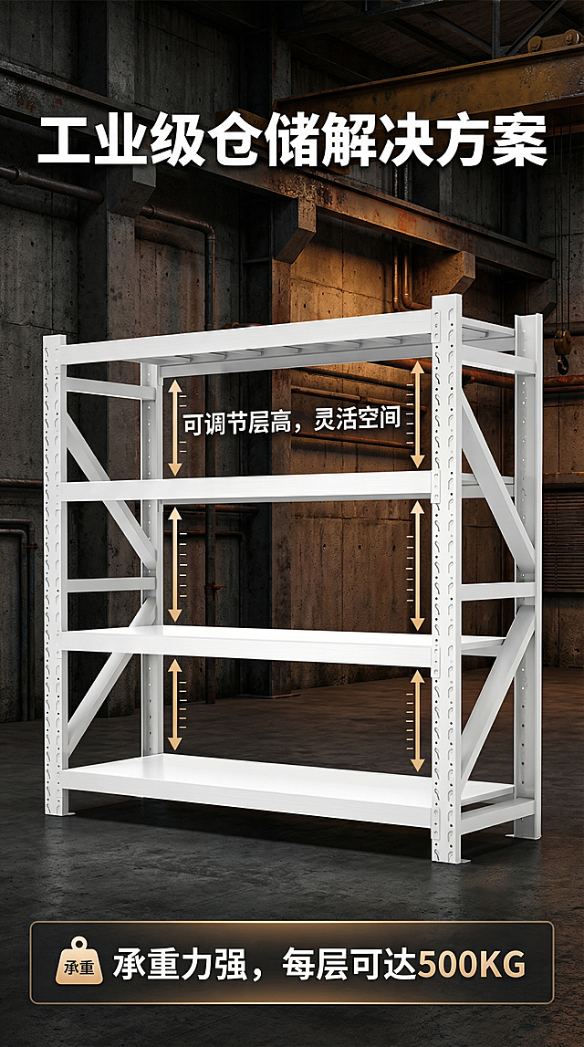 工业风仓储货架店铺宣传海报，展示这款白色四层角钢货架，强调其可调节层高、承重力强的优势，深色工业风背景，清晰突出产品，适合电商店铺使用
