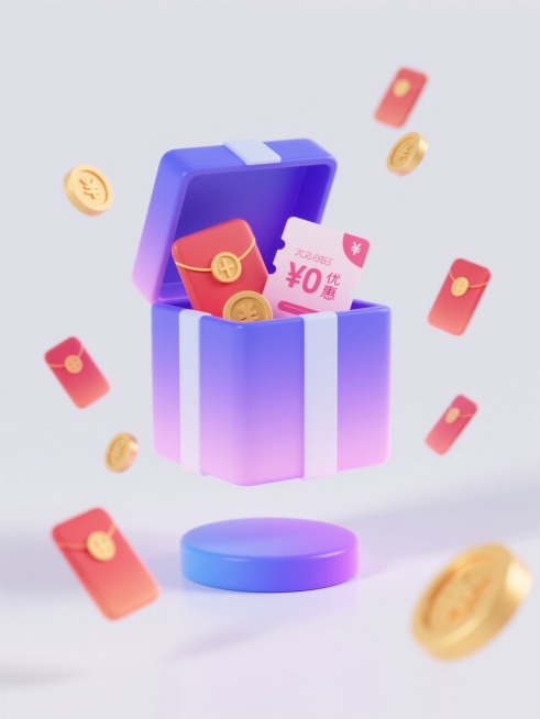 一个具有电商促销感的3D渐变风格插画，以白色为背景，主体是一个带有柔和蓝紫渐变色调的方形礼盒，礼盒顶部敞开，露出里面的红包、优惠券和金币，礼盒下方有一个蓝紫渐变的按钮，周围有多个红包和金币以动态悬浮的方式环绕，整体画面采用明亮的光影效果，带有轻微的发光边缘和高光细节，营造出欢快、喜庆的促销氛围，保持简洁的构图和清晰的视觉层级，色彩过渡平滑自然，充满现代设计感。预览效果