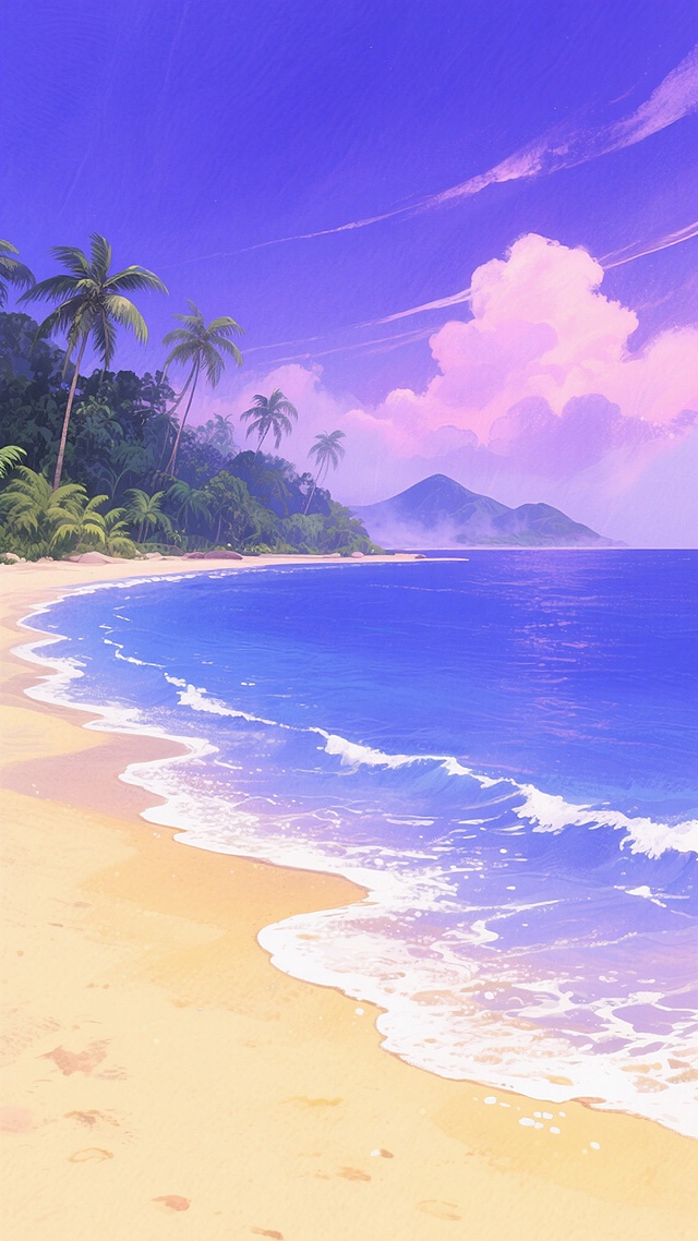 一幅充满梦幻色彩的海边风景插画，画面中呈现出细腻柔和的水彩质感。天空被渲染成深邃的蓝紫色渐变，点缀着几缕轻盈飘逸的粉紫色云彩。平静的海面泛着神秘的靛蓝色光芒，与天空的色彩相互呼应，海浪轻柔地拍打着金黄色的沙滩，在沙滩上留下一道道闪闪发光的白色泡沫。远处的海岸线被茂密的热带植被覆盖，郁郁葱葱的棕榈树在微风中摇曳，背景中隐约可见几座轮廓柔和的远山，山顶被淡淡的薄雾笼罩。整个画面弥漫着一种宁静而浪漫的氛围，仿佛是一个远离尘世喧嚣的梦幻海岛天堂。