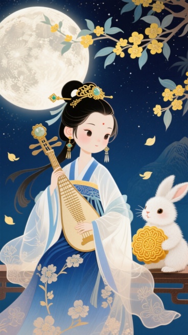 Q版古装少女（蓝白渐变桂花暗纹汉服、鎏金嵌玉发簪、流苏耳饰、暖黄色镂空宫灯）缕青丝发带，古琴古韵悠悠、绒毛蓬松玉兔（抱花纹金黄月饼），中景为有环形山细节的巨大满月，背景是深邃藏蓝色星空。点缀开满嫩黄花预览效果