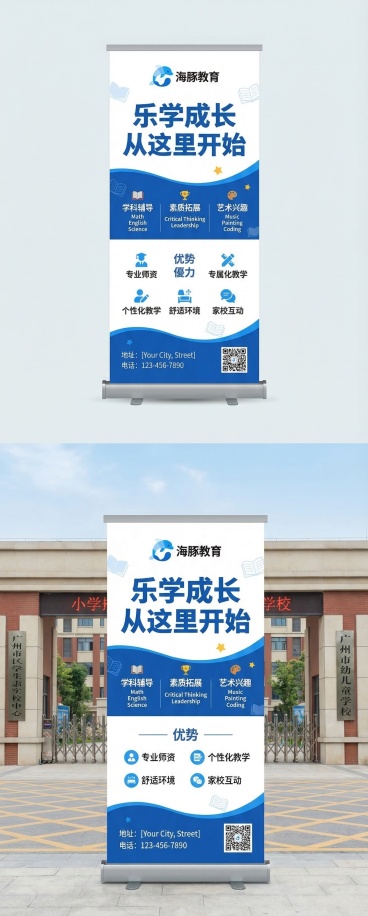 海豚教育立式招生易拉宝，竖版80×200cm，蓝色主色调#1F7AFF白色打底，简约现代风格，顶部放置品牌LOGO，主标题突出“乐学成长 从这里开始”，分区域展示课程、优势、地址电话信息，排版层次清晰预览效果