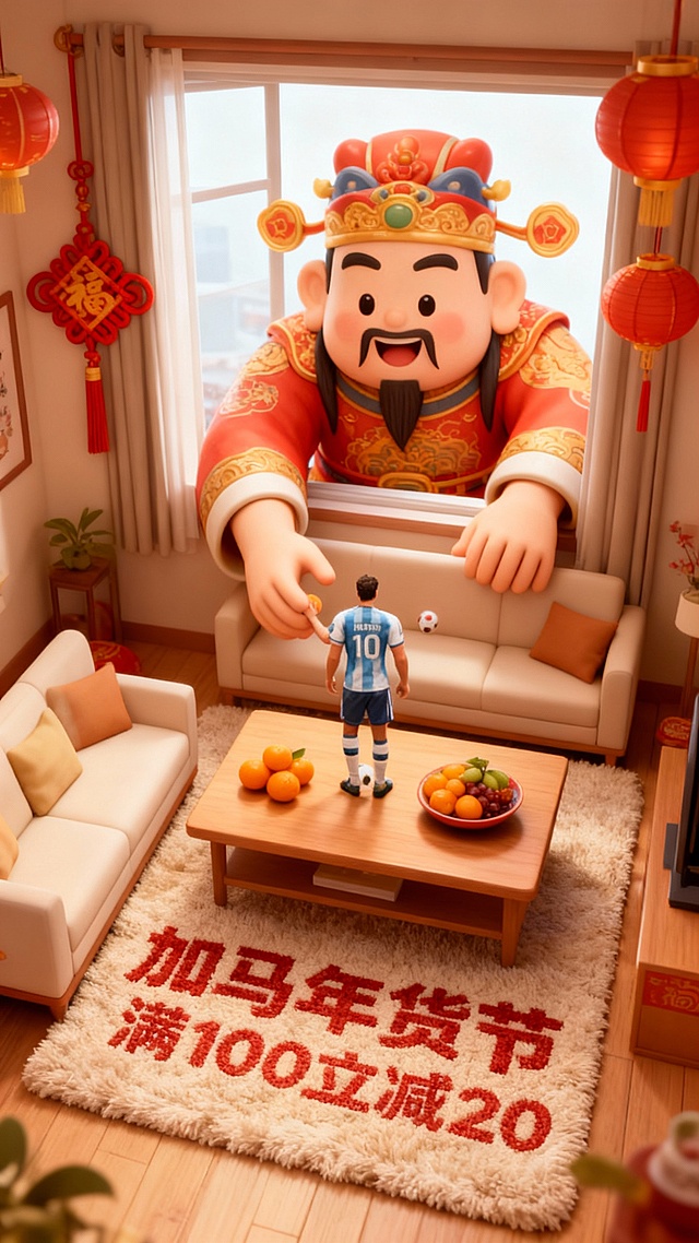 国潮风与软3D结合，巨幅财神探窗互动萌趣足球少年，微缩客厅喜庆满溢，刺绣风地毯嵌入促销信息，卡通感十足的春节年货节创意。