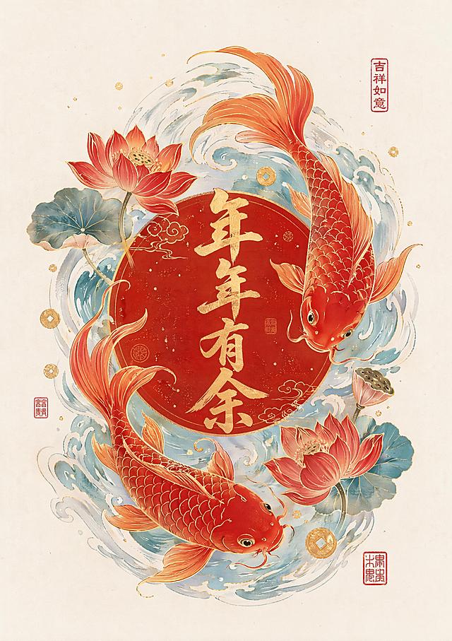 新式国风平面装饰画，红金雅致配色，灵动饱满的红锦鲤在清润水波中嬉戏，线条流畅舒展，画面规整生动、喜庆不俗气，画面搭配书法体吉祥文案"年年有余"，角落点缀红色篆刻印章，竖版构图，主体严格居中，四周少量均匀留白预留裁切空间，300DPI 超清印刷画质，纯平面无边框无实景样机，高清细腻适配装饰画印刷