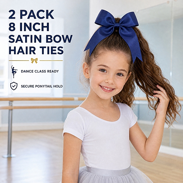 [主图-4] 商品名称：2 Pack 8 Inch Navy Blue Satin Bow Hair Ties（2个装 8英寸深蓝色缎面蝴蝶结发圈）。主题与唯一任务：正面佩戴效果图（舞蹈准备场景），证明佩戴位置、固定效果与深蓝色搭配感；仅参考上传图中灵感和佩戴思路，不使用参考图人物及其外貌、动作、服装。
[统一基调] 整套 Amazon 主图统一视觉：干净高级的儿童发饰 listing infographic；浅雾蓝灰到白的柔和渐变背景、深海军蓝与柔和香槟金点缀、深海军蓝图标题、中灰蓝说明字、无衬线几何字体、圆角白卡片配细蓝描边组件、柔和影棚柔光与自然光结合的柔和光质。
[画面] 明亮室内舞蹈教室，浅木地板、镜墙与把杆，柔和自然窗光作环境色；一位 6 岁欧美小女孩，深棕色自然卷长发扎成高马尾，马尾根部佩戴深海军蓝缎面蝴蝶结发圈并居画面上部视觉中心，穿白色短袖芭蕾练功服加浅灰色纱裙，站姿自然微侧身，一手轻抬整理马尾发梢，对着镜头甜美微笑；正面半身近景构图（胸部以上），头顶与蝴蝶结均不被裁切，蝴蝶结四环缎面与下垂燕尾完整可见，颜色与结构与输入产品图一致。
[光影质感] 柔和自然窗光加轻微影棚补光，皮肤通透自然，缎面在自然光下呈细腻光泽，人物与背景自然分离、无硬边。
[配色] 沿用统一浅雾蓝灰与白基调，环境只作浅木色与浅灰环境色，蝴蝶结深海军蓝为画面重点色。
[文字版式] 主标题 2 PACK 8 INCH SATIN BOW HAIR TIES 置于左上留白区，深海军蓝全大写加粗；副标签 DANCE CLASS READY 与 SECURE PONYTAIL HOLD 小号横排，字号比标题小 50% 以上，不遮挡人脸与蝴蝶结；负向：不得出现中文、不得出现亚洲或成人面孔、不得出现银色亮片啦啦队服。
[输出要求] 1:1 方图，人物比例自然、手指结构正确、产品清晰；负向：中文、多余手指、畸形手、面部扭曲、肢体穿模、模糊、水印、平台 Logo、顶边裁切。