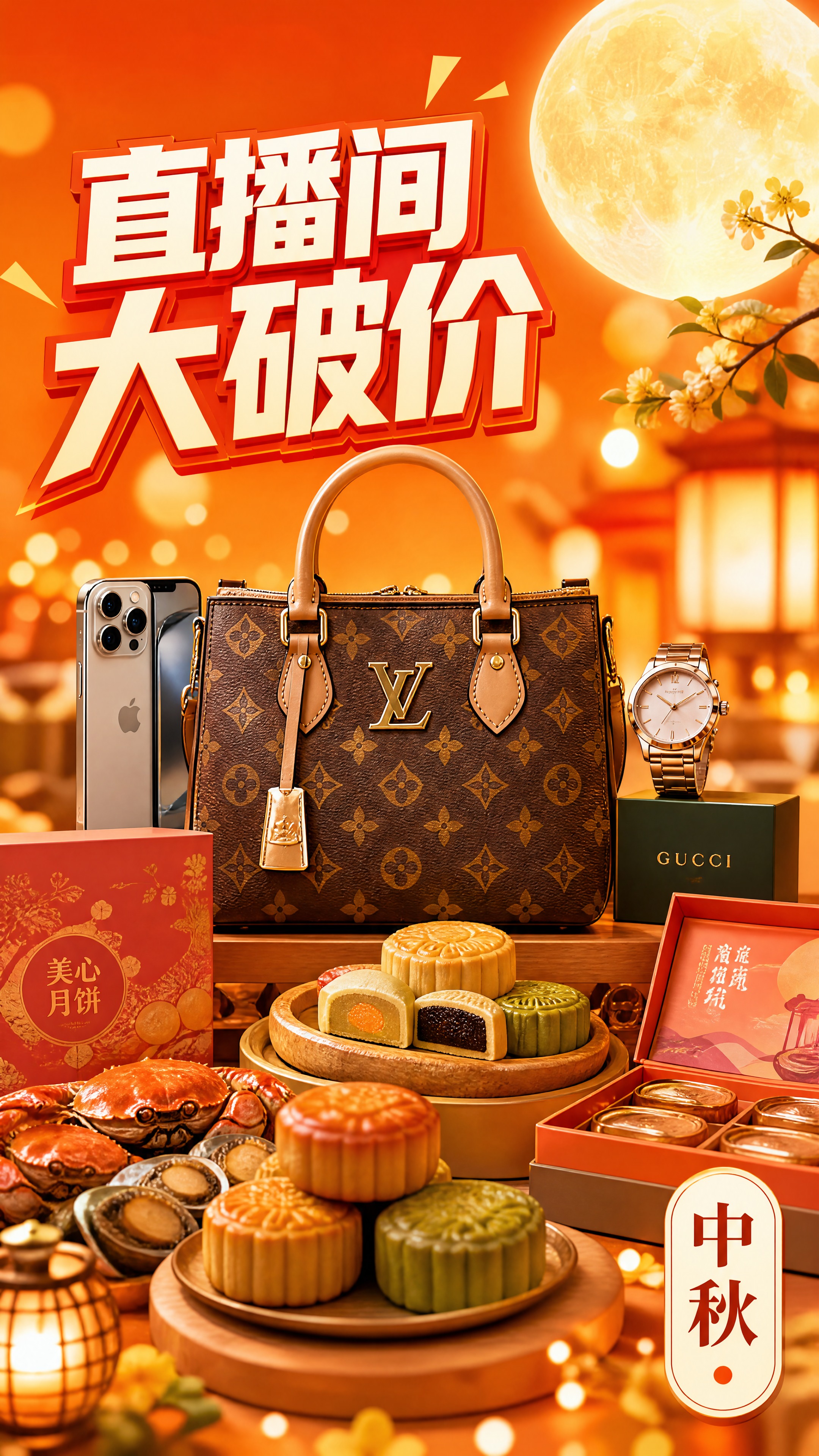 中秋直播带货主视觉海报，暖橙色渐变背景，高饱和活力美食风格，中… - 图片创意预览