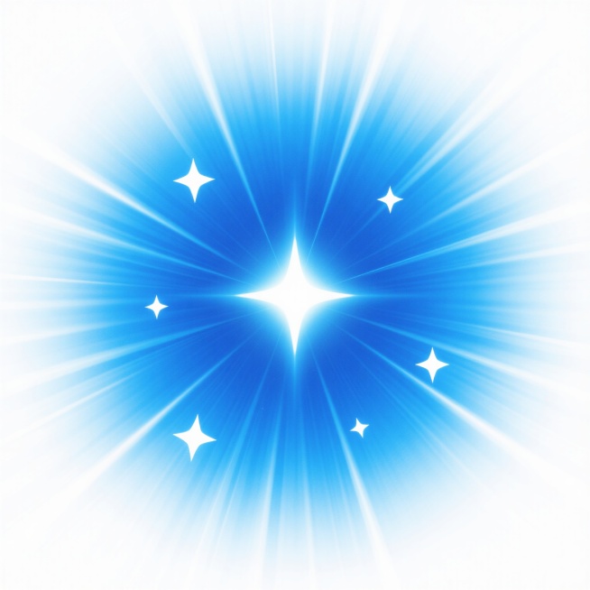 一个明亮的蓝色光芒从中心向外辐射出细长的光线，光线呈现出从中心深蓝色逐渐过渡到边缘浅蓝色的渐变效果，光芒中心有一个明亮的白色光点，周围分布着几颗大小不一的白色星星，整体画面简洁明快，具有强烈的光效感和梦幻氛围，背景为纯白色。预览效果