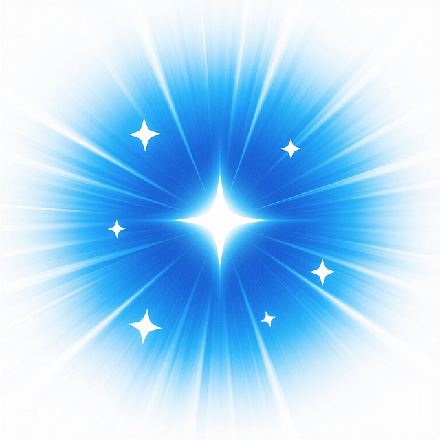 一个明亮的蓝色光芒从中心向外辐射出细长的光线，光线呈现出从中心深蓝色逐渐过渡到边缘浅蓝色的渐变效果，光芒中心有一个明亮的白色光点，周围分布着几颗大小不一的白色星星，整体画面简洁明快，具有强烈的光效感和梦幻氛围，背景为纯白色。