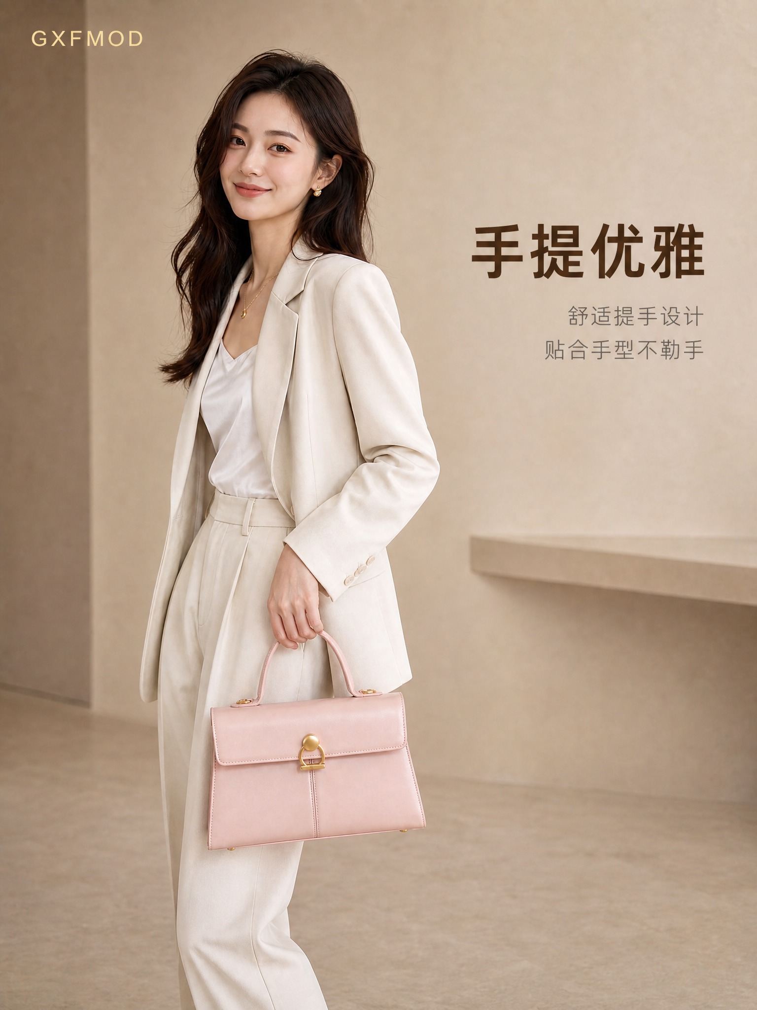 [主图-2] 亚洲女性模特手提包包半身穿搭图，添加手提背法卖点… - 图片创意预览
