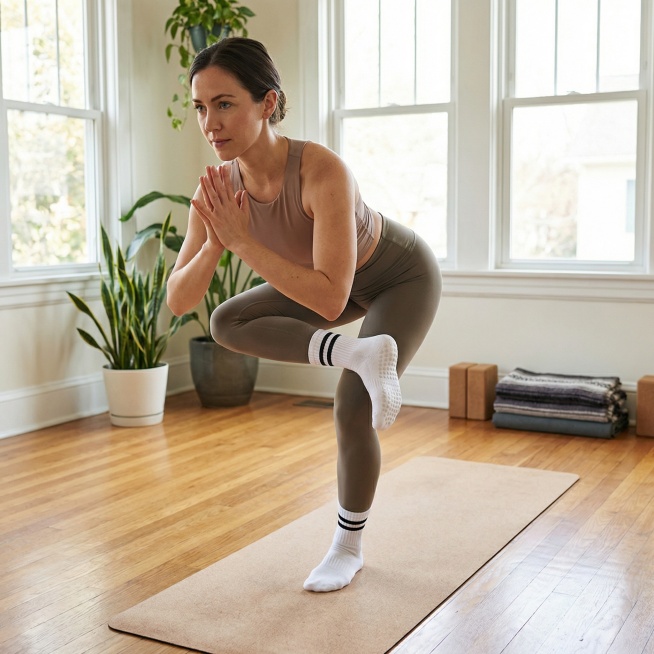 生成一张穿着这双袜子在做瑜伽的场景图，适用于美国站，预览效果