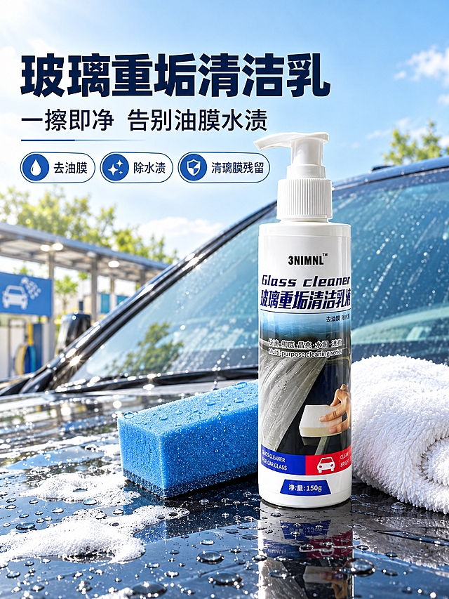 [商品] 使用【图1】玻璃重垢清洁乳液，白色按压瓶装，150g，瓶身含"Glass cleaner""玻璃重垢清洁乳液""3NIMNL"等文字和蓝白渐变标签、汽车图案；保留瓶身结构、颜色、材质、按压泵头和所有原始文字，清晰化处理。
[画面] 第1张硬核头图，浅色生活场景型，目标建立专业汽车玻璃清洁第一印象。户外洗车场景，阳光明媚的白天，黑色汽车停在户外洗车区，前挡风玻璃作为背景。画面右侧主体是玻璃重垢清洁乳液白色按压瓶直立放置在车头引擎盖上，瓶身正面朝向观众，旁边斜放一块蓝色研磨海绵和一块白色毛绒洗车毛巾。左侧留白处放置主标题和卖点文案。前景有少量水珠和泡沫点缀，营造真实洗车氛围。产品占画面约55%，景别为中景，阅读动线从左到右。
[视觉] 套系策略：风格=高清写实户外洗车实拍风，专业汽车用品带货风格；标题字=粗黑体大字；正文字=常规无衬线体；主色=洁净白+清透蓝；背景延展=户外洗车场+浅蓝天空+车身反光，整体明亮通透；强调色=深蓝，仅用于小面积图标、引线和标签高亮；标题色=深蓝黑色；正文色=深灰色；组件=圆角浅底信息卡、细线引线、圆形图标；光影=自然日光侧光，明亮通透。
[文字] 左上主标题"玻璃重垢清洁乳"，副标题"一擦即净 告别油膜水渍"，下方3个短卖点胶囊："去油膜""除水渍""清镀膜残留"，文字横排，不遮挡产品主体。
[规格] 图片比例3:4竖版，2K分辨率，避免变形、错字、文字过小、模糊、噪点、水印、平台Logo、绝对化用语。