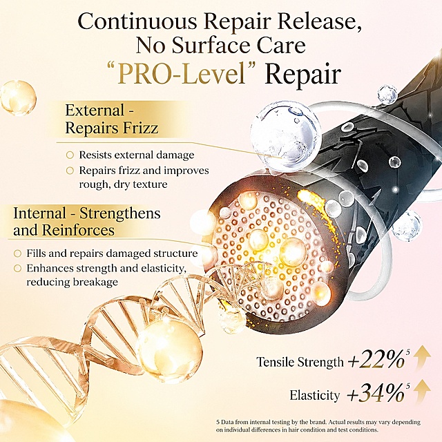 [Page 1] Efficacy mechanism page for professional hair repair spray. This page uses [image1] as the design reference, keep the original layout structure, only translate all Chinese text to English.
[Atmosphere/Style] Scientific skincare professional style, soft warm lighting, 3D molecular structure, high definition cosmetic visualization texture.
[Element Layout] Keep the original element positions: title at the top, two efficacy points on the left, product molecular mechanism diagram on the right, data indicators at the bottom right. All visual elements, sizes, positions, colors and layout are consistent with the original design.
[Light & Shadow Texture] Keep original lighting effect: soft ambient light, transparent molecular sphere highlights, golden DNA chain texture, clear layering and depth, same as the original.
[Color Scheme] Global background #fff9f0, consistent with original: golden yellow for title and data highlights, dark brown for main text, light gold for labels, same color matching.
[Perspective & Composition] Same composition and perspective as original design: vertical layout, left text right mechanism diagram, keep all element proportions.
[Text Layout] Translate all text completely: Main Title: "Continuous Repair Release, No Surface Care"