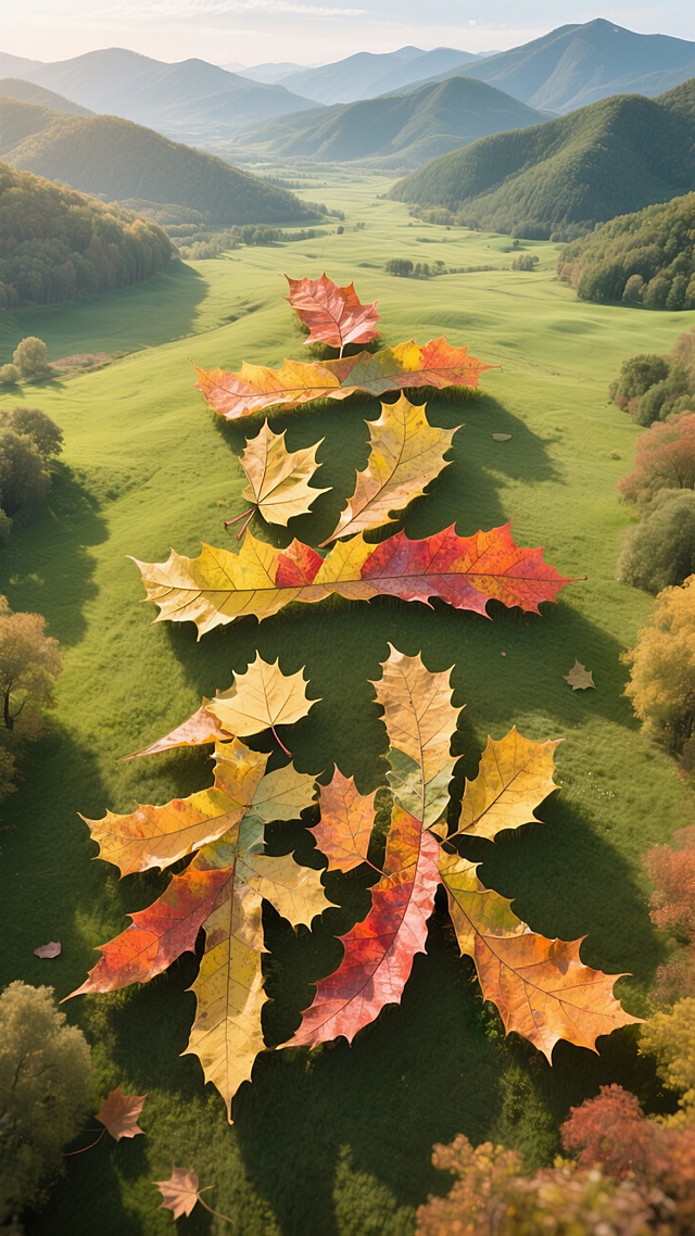 秋叶与山川双重曝光，水彩风插画，展现宽阔、清新与舒适感。