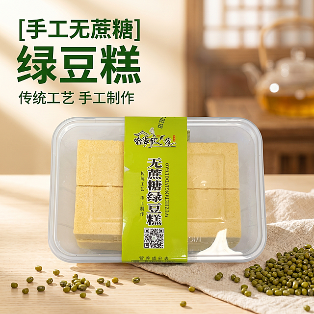 [主图 1] 点击率首图，无蔗糖绿豆糕产品展示。[氛围风格] 传统中式健康点心，温馨食欲感氛围。[画质] 商业摄影质感、光线柔和通透、产品清晰真实、画面干净高级。[元素] 保持绿豆糕产品外观（物理结构、材质质感、颜色）与输入产品图绝对一致，杜绝任何变形和色差，精细化处理。商品主体占比严格控制在60%-80%之间，产品放置在素雅木质桌面上，背景点缀天然绿豆和亚麻餐布，营造自然健康氛围。[光影] 自然暖阳侧逆光，突出绿豆糕细腻粉质纹理，通透有食欲，阴影柔和不生硬。[配色] 主色调为绿豆淡黄色，辅助色为原木浅棕色，整体清新干净。[视角构图] 平视拍摄，产品居中展示，景深适中，背景虚化突出主体。[文字版式] 左上负空间左对齐留安全边距，主标题“[手工无蔗糖] 绿豆糕”粗体深绿色最大字，副标题“传统工艺 手工制作”白色小字，字色与背景对比强烈，清晰易读，不遮挡主体。[比例分辨率] 1:1 比例，2k 分辨率；文字清晰可辨，超高清。[负向提示词] 变形，水印，文字错乱，产品图模糊，背景杂乱，牛皮癣，配色刺眼，遮挡主体。