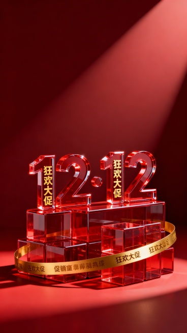 3D渲染风格电商促销海报，以深红色渐变背景为基调，画面中央矗立着由多个透明红色立方体堆叠形成的立体基座，基座上方是巨大的立体“12·12”数字，数字采用高反光红色亚克力材质，边缘锐利且有细腻高光，数字侧面印有金色“狂欢大促”字样，基座侧面环绕着金色促销标语条带，整体光影效果突出，光源从顶部斜射形成明显阴影和高光对比，营造出强烈的空间感和奢华热闹的电商促销氛围，视觉层级清晰，信息传达直接，符合电……预览效果