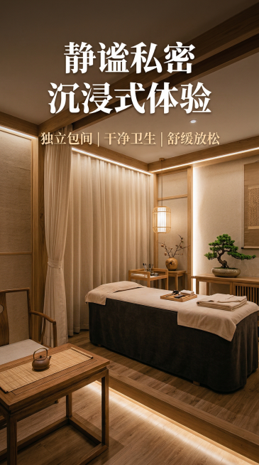 采耳SPA沉浸式环境展示，延续新中式禅意舒适放松风格。全景展示私密SPA包间，新中式木质家具搭配素雅纱帘，柔和暖光从木质灯槽漫出，角落布置禅意盆景，整体干净雅致。画面上方主标题“静谧私密 沉浸式体验”预览效果