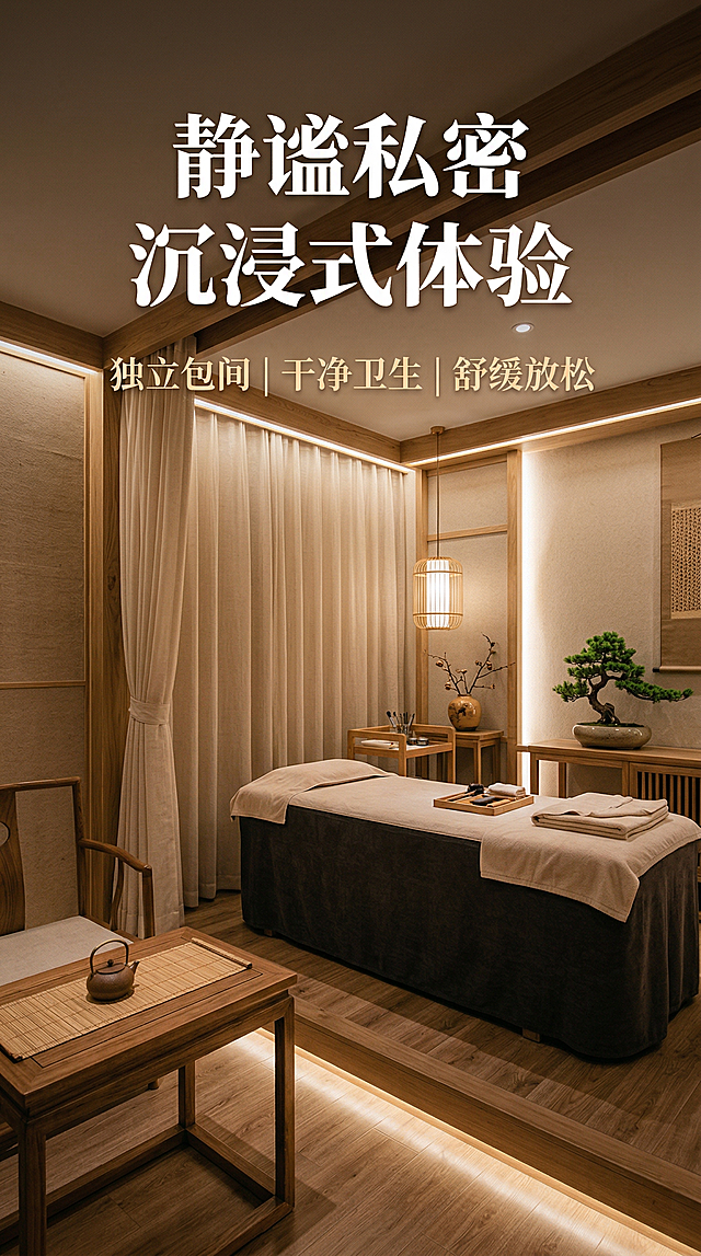采耳SPA沉浸式环境展示，延续新中式禅意舒适放松风格。全景展示私密SPA包间，新中式木质家具搭配素雅纱帘，柔和暖光从木质灯槽漫出，角落布置禅意盆景，整体干净雅致。画面上方主标题“静谧私密 沉浸式体验”，粗体白色字体，下方分点标注卖点：“独立包间 | 干净卫生 | 舒缓放松”，浅米白色小字，排版干净，文字悬浮不遮挡环境主体，背景铺满全屏，风格统一。