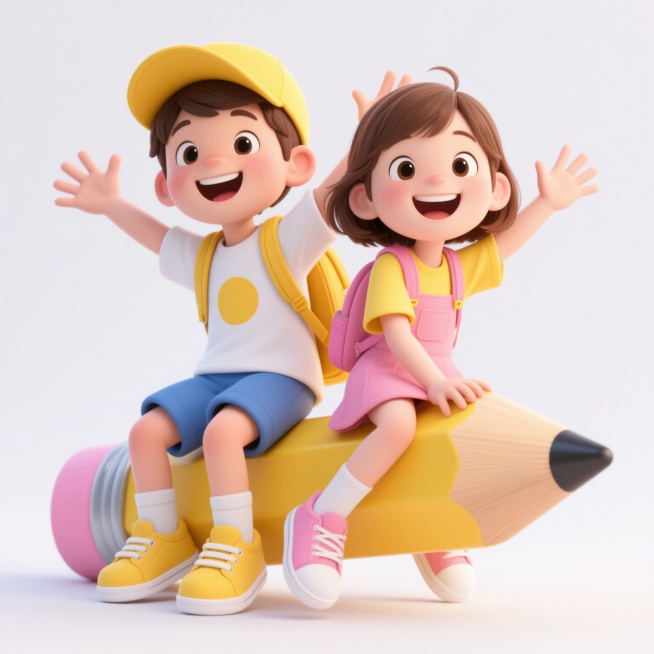 3D卡通风格，白色背景，两个欢快的儿童角色，男孩戴着黄色棒球帽，穿着白色T恤（胸前有黄色圆形图案）、蓝色短裤、黄色运动鞋和白色袜子，背着黄色双肩包；女孩留着棕色短发，穿着黄色短袖、粉色背带裙、粉色运动鞋和白色袜子，背着粉色双肩包。他们坐在一支巨大的黄色铅笔上，铅笔带有黑色笔尖和粉色笔尾。男孩双手张开仿佛在欢呼，身体微微前倾，女孩一只手抓住铅笔，另一只手向侧前方挥动，两人都面带灿烂笑容，眼睛明亮……预览效果