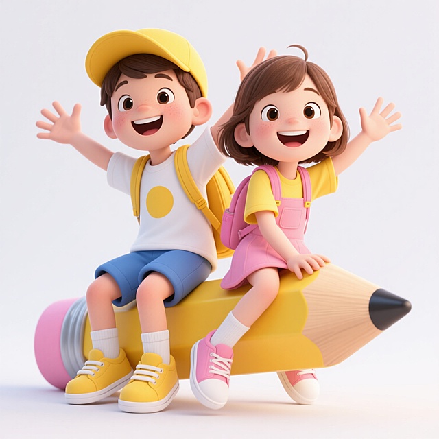 3D卡通风格，白色背景，两个欢快的儿童角色，男孩戴着黄色棒球帽，穿着白色T恤（胸前有黄色圆形图案）、蓝色短裤、黄色运动鞋和白色袜子，背着黄色双肩包；女孩留着棕色短发，穿着黄色短袖、粉色背带裙、粉色运动鞋和白色袜子，背着粉色双肩包。他们坐在一支巨大的黄色铅笔上，铅笔带有黑色笔尖和粉色笔尾。男孩双手张开仿佛在欢呼，身体微微前倾，女孩一只手抓住铅笔，另一只手向侧前方挥动，两人都面带灿烂笑容，眼睛明亮有神，整体画面充满童趣和活力，光影柔和，色彩明快，角色表情生动，材质表现细腻，构图饱满且富有动感。