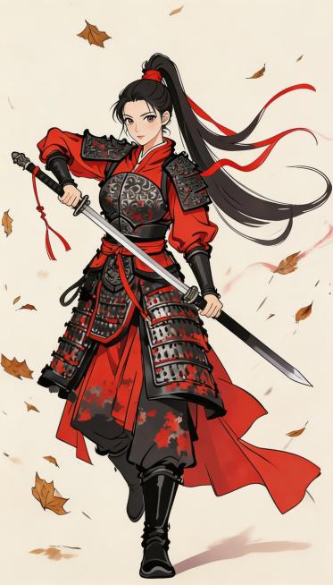 参考图中女将军形象，生成日系漫画风格的女将军，线条柔和，色彩明快预览效果