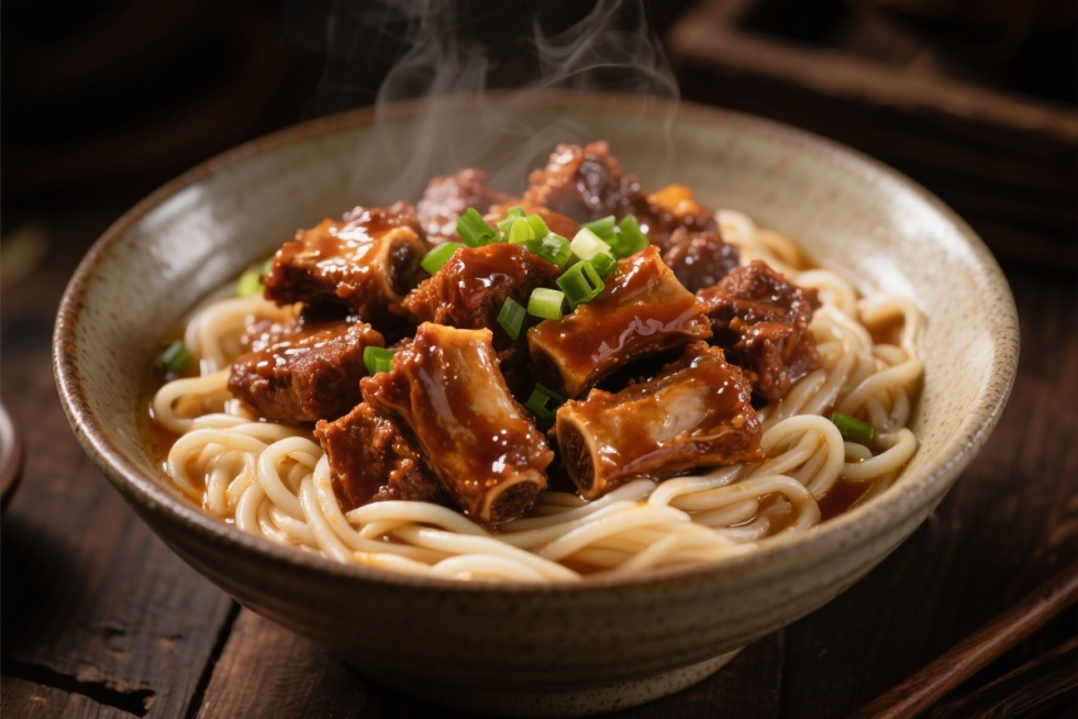 传统中式红烧排骨粉，大量排骨裹着浓郁发亮的酱汁，铺在热气腾腾的河粉上，装在粗陶大碗里，撒有细切的香葱粒，温暖的电影感侧光，柔和阴影，突出肉质和河粉纹理，浅景深，焦点在排骨上，背景是略微模糊的深色木质桌预览效果