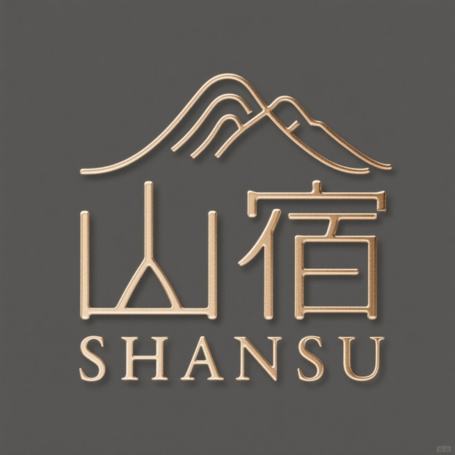 Logo设计，民宿logo设计，风格：金属质感+极细线条，字符“山宿”，下面一行小字“SHANSU”，字体：纤细衬线体，整体呈现优雅轻奢感，适配烫金工艺，纯色背景预览效果