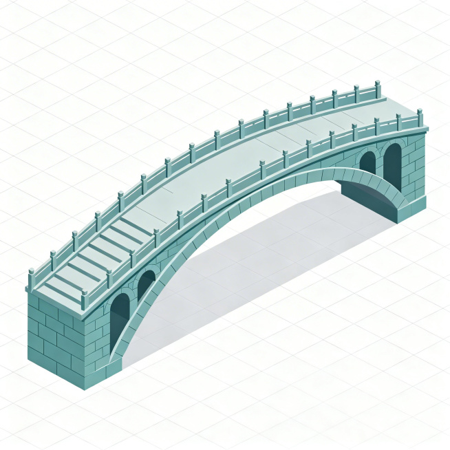 国风2.5D扁平化风格，45度斜视角，低模无复杂光影，纯白色背景，简洁线条，无阴影无渐变，干净清晰，高分辨率隋代赵州桥主拱模块，青灰色石材质感，简洁大拱造型，适合游戏GridMap模块使用预览效果