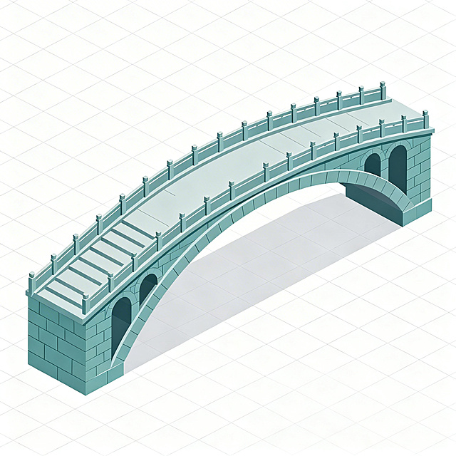 国风2.5D扁平化风格，45度斜视角，低模无复杂光影，纯白色背景，简洁线条，无阴影无渐变，干净清晰，高分辨率隋代赵州桥主拱模块，青灰色石材质感，简洁大拱造型，适合游戏GridMap模块使用