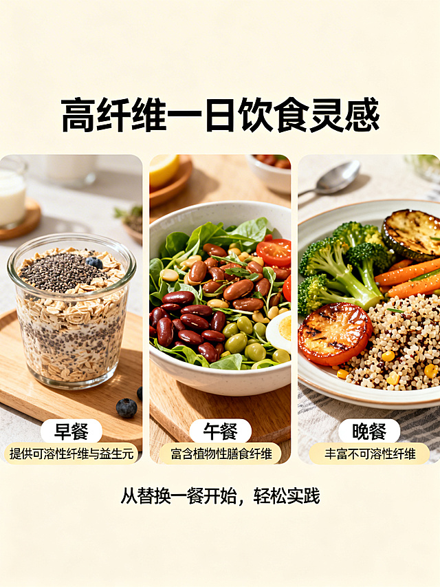 按时间线排列的三个精致餐点场景。早餐：奇亚籽燕麦杯实物图。午餐：豆类沙拉碗实物图。晚餐：烤蔬菜与藜麦实物图。每餐旁有一个小标签，简要说明其主要纤维贡献（如“早餐：提供可溶性纤维与益生元”）。	标题：高纤维一日饮食灵感提示：从替换一餐开始，轻松实践。