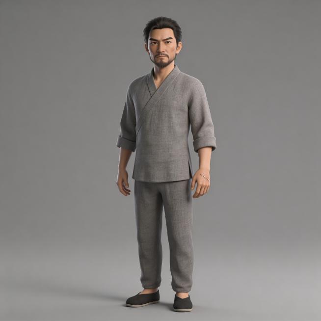 全身照，正视图，灰色背景3D动画风格，纹理细腻，全身站立，严格6:8头身比例，体态匀称，腿部修长，东方人体比例，精准稳定。三十五岁东方男性，方脸浓眉，下颌短须，眼神坚毅沧桑，手背有旧伤疤，身穿灰色粗布预览效果