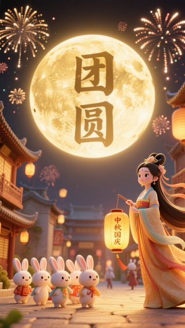 画面呈现金色调：画面上部硕大的满月，月光光辉照亮下边，在月亮下边写着团圆两个字（大一些，上下排版，有阴影）在右下角，嫦娥（看起来可爱又漂亮，大眼睛，衣服飘飘，长头发，精致的头饰），手里提着灯笼，灯笼上预览效果
