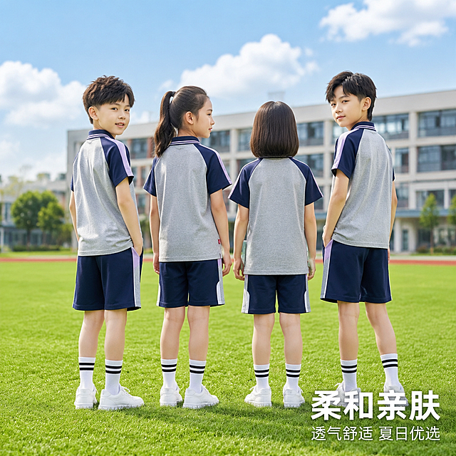 小学通用款夏季短袖短裤套装背面展示图，四位小学生（两男两女）穿着灰蓝拼色polo领短袖校服套装站在校园草坪上，所有孩子均穿着与图中同款的藏青色侧边拼色短裤，无长裤。孩子们背对镜头或半转身回头，展示套装背面版型和整体效果，姿态轻松自然。背景是校园教学楼和蓝天白云。画面右下角放置文字，大字主标题'柔和亲肤'，下方小字'透气舒适 夏日优选'。保持产品外观（物理结构、材质质感、颜色）与输入产品图一致，杜绝变形和色差。商业摄影质感，光线均匀柔和，画面干净高级。人物头部不顶边，主体完整不裁切。画面禁止出现多余的手、畸形手、融合手指、手部扭曲、肢体穿模、面部扭曲、关节反折。禁止水印，禁止电商平台Logo。1:1正方形构图。