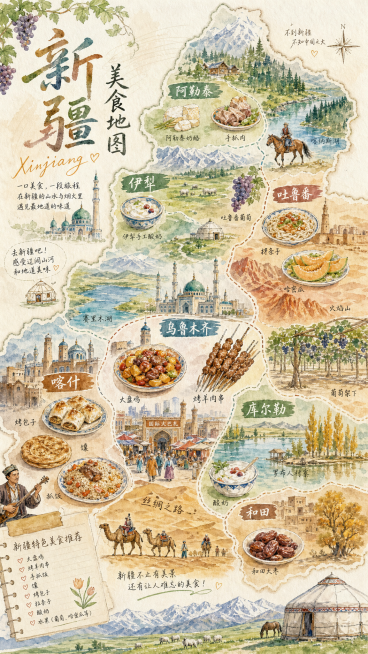 手绘水彩插画风格的美食地图，展示新疆特色城市地域风光与美食，文艺清新插画设计预览效果