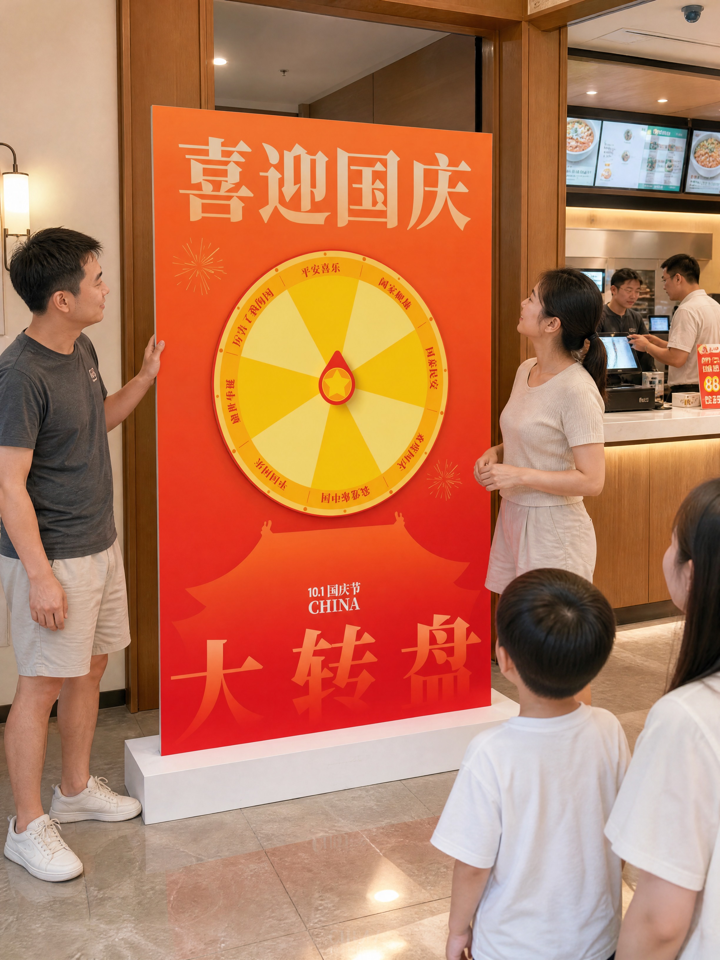 超写实室内场景摄影。 主体：国庆大转盘立牌严格参照上传产品图，… - 图片创意预览