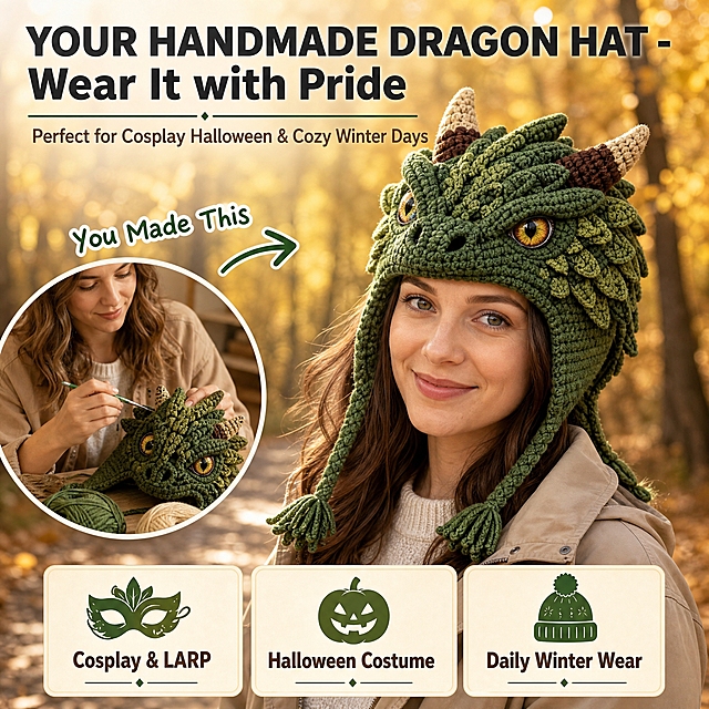 [主图-7 龙款DIY材料包] 主题：Your Handmade Dragon Hat - Wear It with Pride 成品佩戴效果与多场景适用。唯一任务：展示完成后的3D龙帽佩戴效果（你自己做的），以及适用场景（角色扮演、万圣节、日常）。
[统一基调] 跨境亚马逊风格，温暖治愈的手工编织场景，秋日户外场景，英文无衬线粗体标题字色为深炭灰，辅助说明字色为暖棕色，强调色用森林绿点缀图标和分隔线，卡片用米白色底+浅棕细边。
[画面] 画面为成品佩戴展示+多场景适用：画面主体是一位欧美女性（25-35岁，自然棕色中长发，穿卡其色外套和米色毛衣）站在秋日树林小径上，正面微笑，佩戴着自己编织完成的3D绿色龙帽（有立体鳞片、棕色龙角、黄色龙眼、龙爪绳带和流苏，造型与参考图一致）。左下角圆形小窗展示她正在编织龙帽的手部画面，用"You Made This"箭头指向成品帽，强化DIY属性。背景是金黄秋叶和柔和阳光，浅景深虚化。下方横向排列3个场景图标卡片：第1个面具图标配"Cosplay & LARP"，第2个南瓜图标配"Halloween Costume"，第3个冬季帽子图标配"Daily Winter Wear"。人物展示上半身，重点突出帽子效果。产品占画面约55%。
[光影质感] 温暖的秋日自然光，人物面部光线均匀柔和，龙帽的鳞片和龙角纹理清晰，背景虚化自然，整体温暖舒适。
[配色] 背景秋日暖棕+金黄，龙帽绿色系+棕色角+黄色眼，人物卡其色系，文字深灰+暖棕，强调色森林绿。
[文字版式] 顶部大标题："YOUR HANDMADE DRAGON HAT - Wear It with Pride"；副标题："Perfect for Cosplay Halloween & Cozy Winter Days"；场景卡片配英文说明。
[输出要求] 1:1正方形，2048x2048，2K分辨率，文字清晰，人物自然。负向：变形、错字、模糊、杂乱、水印、平台Logo、中文、悬浮、穿模、人物面部扭曲、畸形手、直接售卖成品暗示、灰色系、狼款元素、龙造型错误。