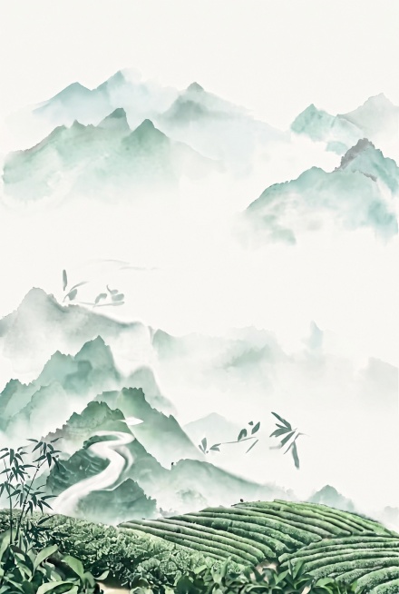只去除图片右下角的脏污，完整保留原图的茶园内容和所有原画面元素，保持原有的水墨山水风格不变预览效果