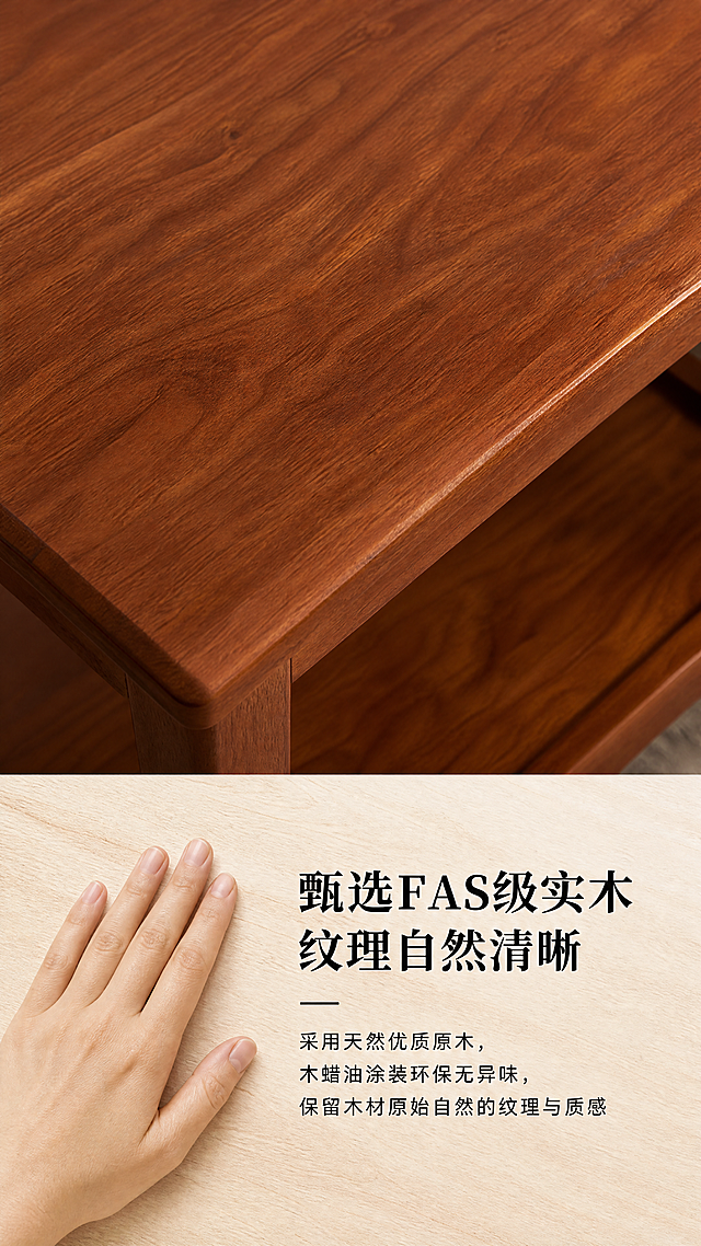 [第3屏] FAS级实木双层边几材质解析展示屏，解析甄选实木材质。自然真实质感，特写微距商业摄影，原木自然风。上半部分为微距木纹特写，使用参考图1桌面部分放大裁切做主体，展示清晰天然实木木纹纹理，保持原有胡桃色木纹质感不变，下半部分为文字说明区，背景为浅木色底，左侧搭配手部触摸木纹的真实动作，突出实木天然质感，整体主体木纹占画面60%，布局疏密得当。柔和侧光打亮木纹肌理，形成自然深浅过渡，纹理细节清晰锐利。全局底色#FAF7F2，保留原图胡桃色木纹，辅助色为黑色文字、浅木色底。微距特写视角，上下构图，上特写下图文，清晰突出材质主题。下半部分排版，主标题"甄选FAS级实木 纹理自然清晰"左侧对齐加粗大字号，下方说明文字："采用天然优质原木，木蜡油涂装环保无异味，保留木材原始自然的纹理与质感"，分两行排列，文字清晰行间距舒适。9:16竖版比例，4K分辨率，文字清晰可辨。负向提示词：木纹模糊，颜色失真，结构变形，文字错乱，水印，人工合成纹理